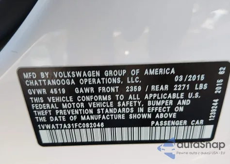 2015 Volkswagen Passat 1.8T Limited Edition из США, поврежденный, VIN 1VWAT7A31FC082046